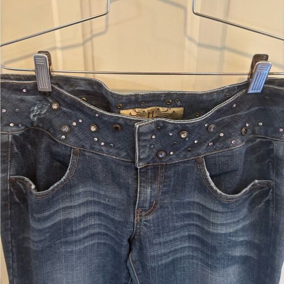 HINT Blue Flare Wide Leg Jeans with Faded Wash and bedazzling at waist - Picture 3 of 7